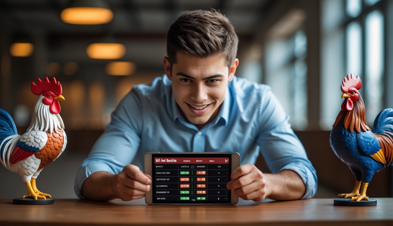 Seorang pria muda sedang fokus menggunakan tablet di dalam ruangan dengan hiasan ayam jago di latar belakang.