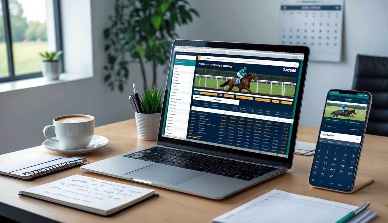 Meja kerja dengan laptop menampilkan situs balap kuda, buku catatan, kopi, dan ponsel dengan tayangan balapan kuda langsung.