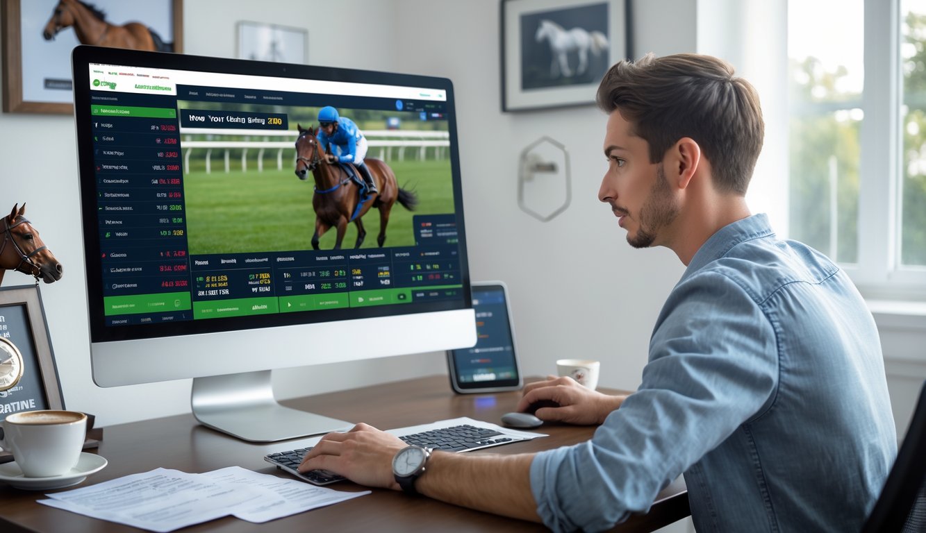Seseorang sedang menggunakan komputer di meja kerja dengan tampilan platform taruhan balap kuda online di layar, dikelilingi catatan dan ponsel, di dalam ruangan yang terang dan rapi.