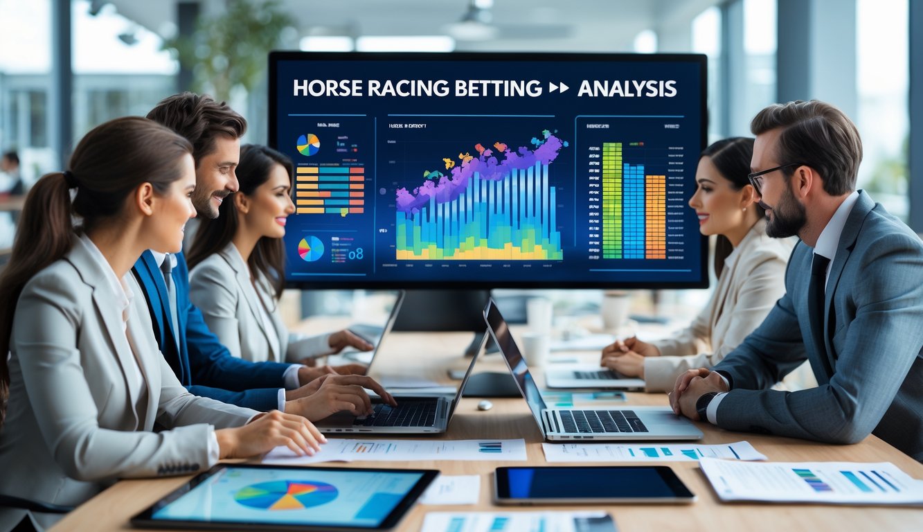Sekelompok orang sedang menganalisis data balap kuda menggunakan grafik dan laporan di ruang kantor modern.