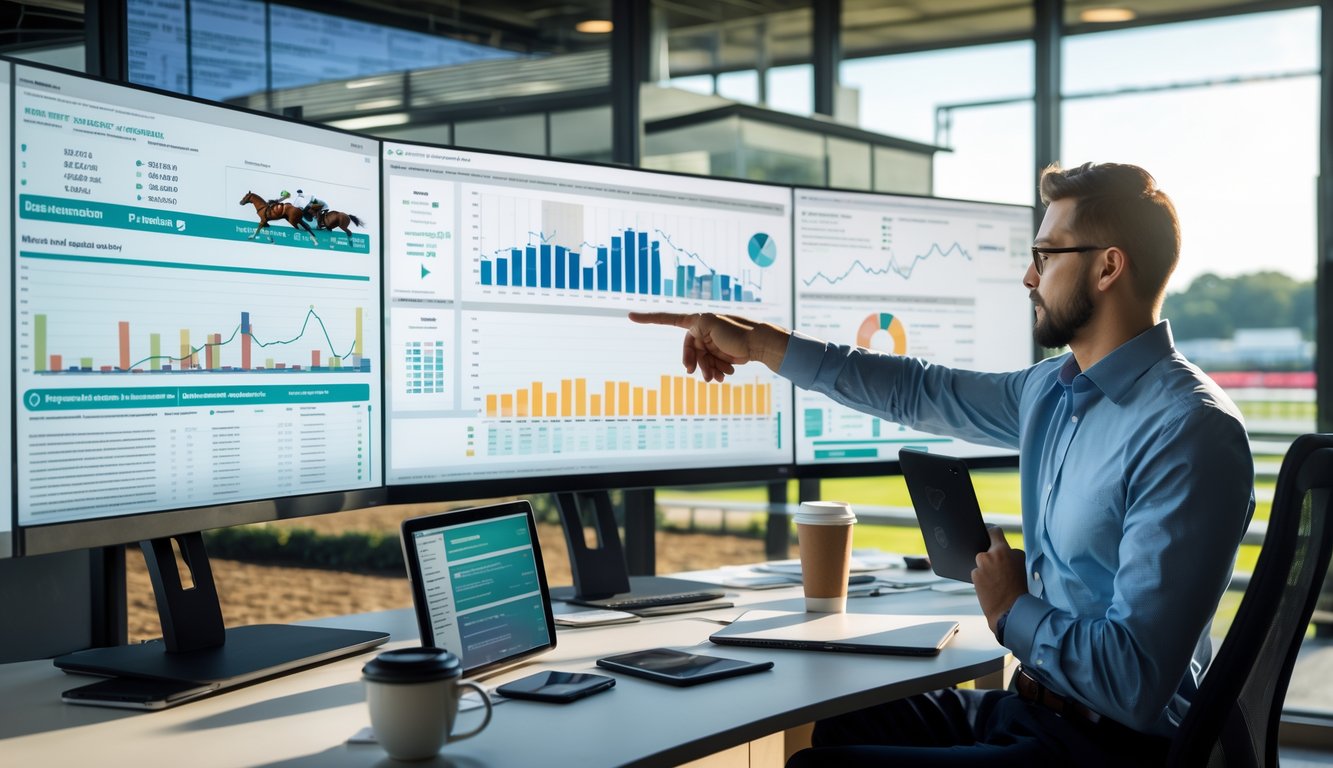 Seorang analis sedang bekerja dengan komputer yang menampilkan data statistik tentang balap kuda di kantor dengan jendela yang memperlihatkan lintasan balap kuda di luar.