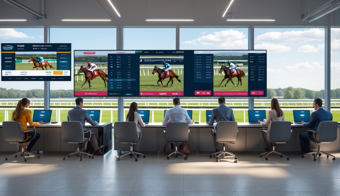Orang-orang sedang memasang taruhan balap kuda di kantor modern dengan layar digital dan pemandangan lintasan balap di latar belakang.