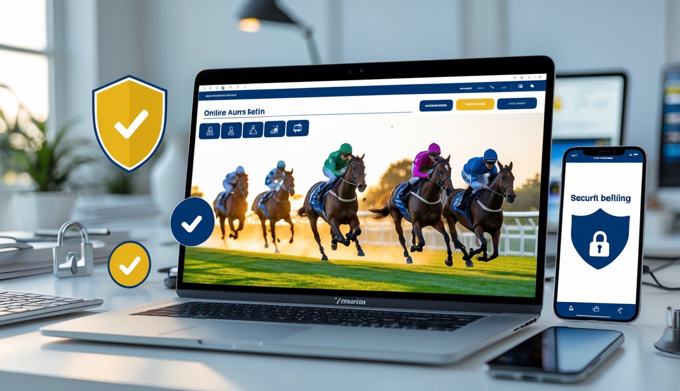 Antarmuka situs judi balap kuda terpercaya yang ditampilkan pada laptop dan ponsel di meja kantor dengan latar balapan kuda dan simbol keamanan.