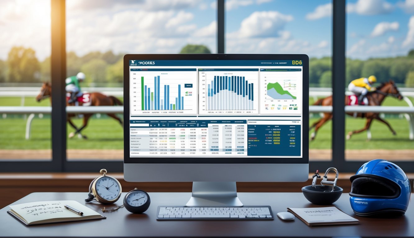 Meja kerja dengan komputer menampilkan data balap kuda dan perlengkapan balap kuda, dengan latar belakang lintasan balap dan kuda yang sedang berlari.