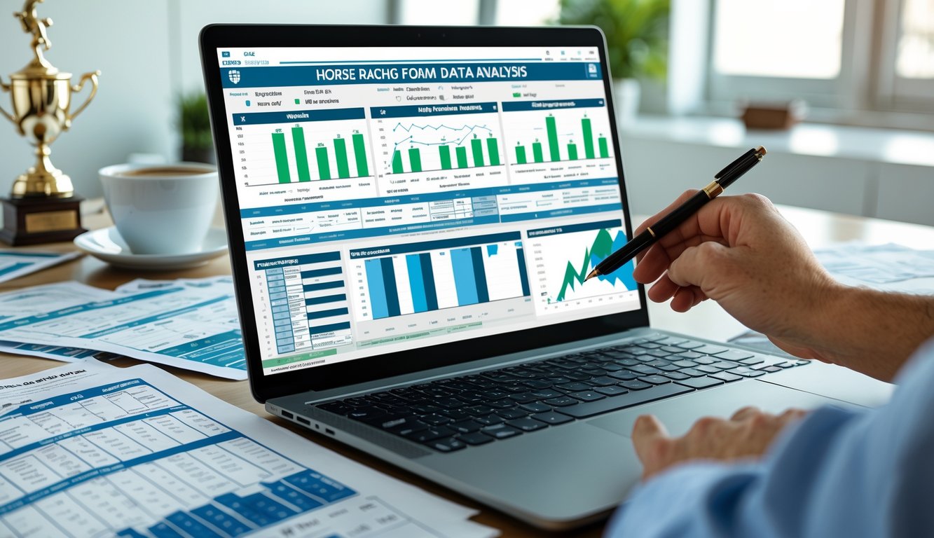 Seseorang menganalisis data balap kuda di depan laptop dengan dokumen dan grafik di meja kerja.