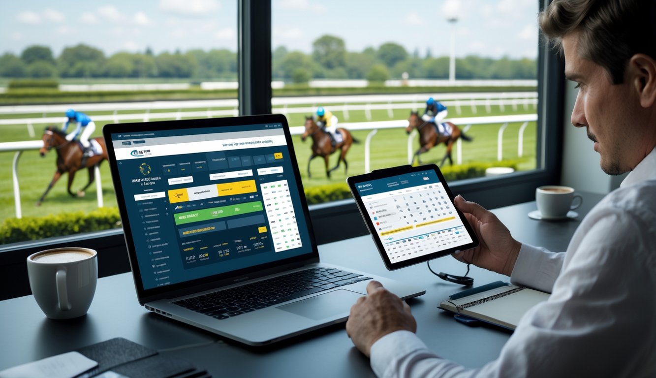 Seseorang menggunakan laptop dan tablet untuk memasang taruhan balap kuda secara online dengan latar belakang lintasan balap dan kuda yang sedang berlari.