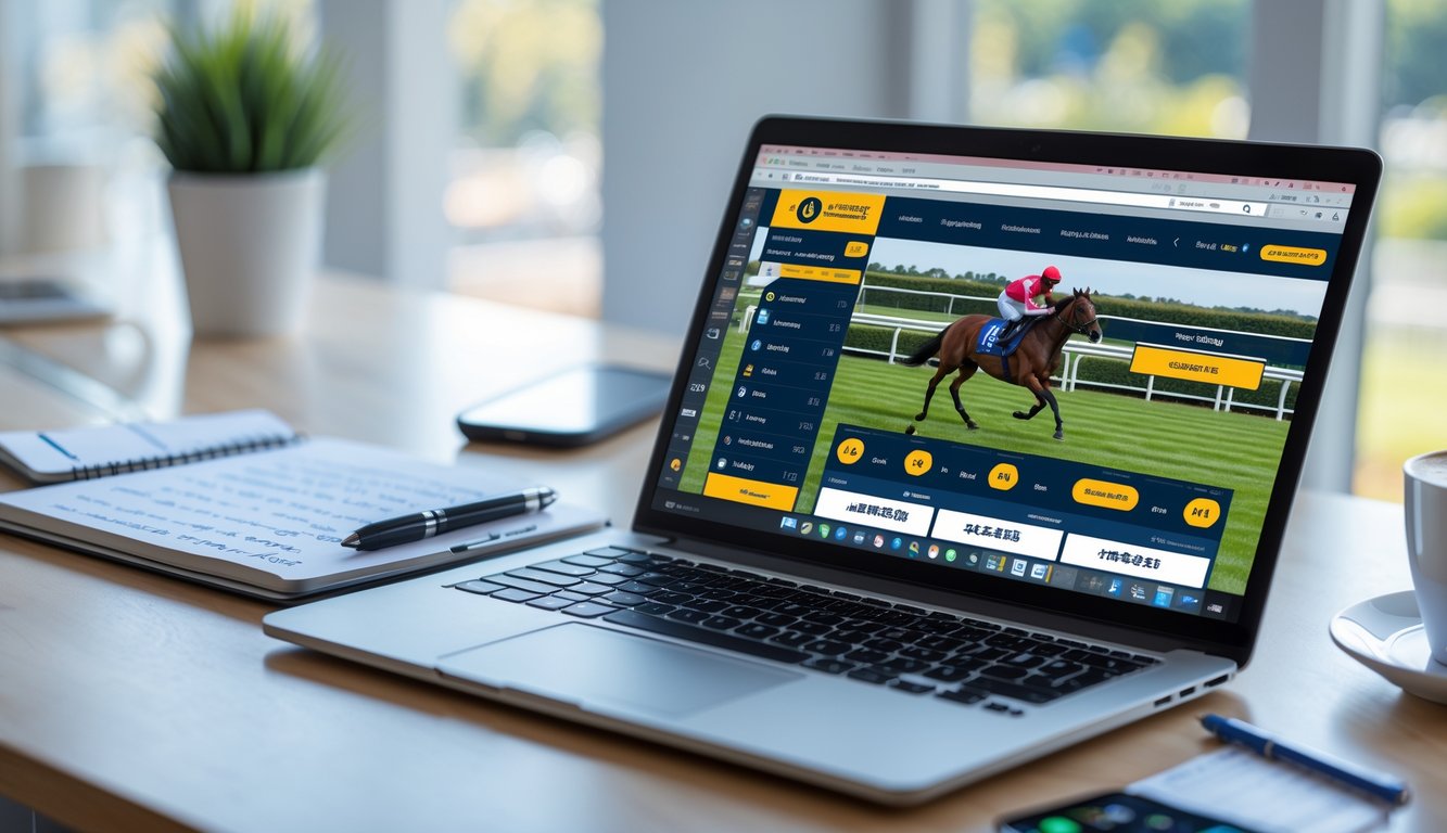 Seorang pria menggunakan laptop di meja kerja dengan tampilan situs taruhan balap kuda online, di sampingnya terdapat catatan dan kopi.