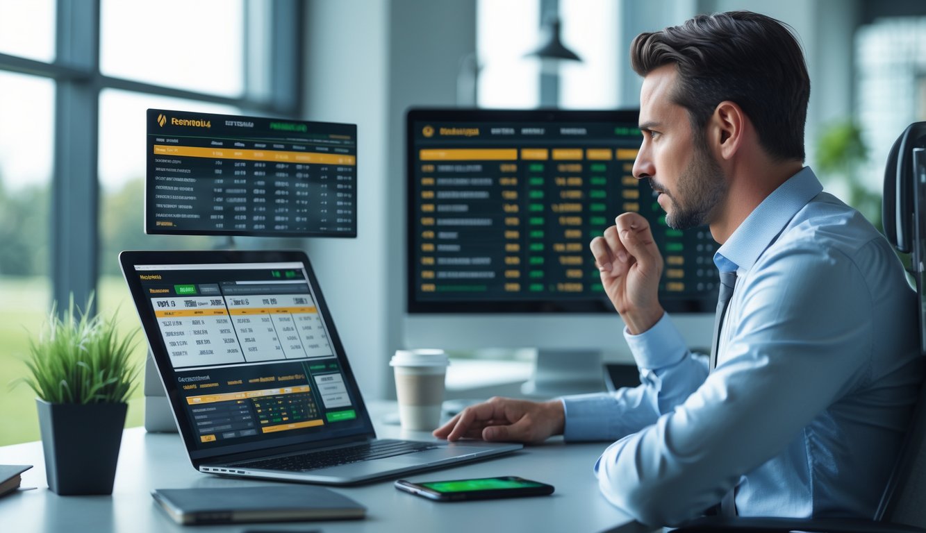 Seorang pria sedang menganalisis data taruhan balap kuda di depan beberapa layar komputer di kantor modern.
