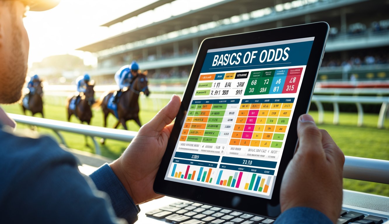Seorang individu memegang tablet yang menampilkan peluang taruhan balap kuda dengan latar belakang lintasan balap dan kuda berlari.