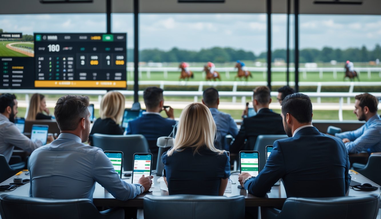 Sekelompok orang sedang memperhatikan layar besar yang menampilkan balapan kuda dan peluang taruhan di sebuah ruang taruhan modern.