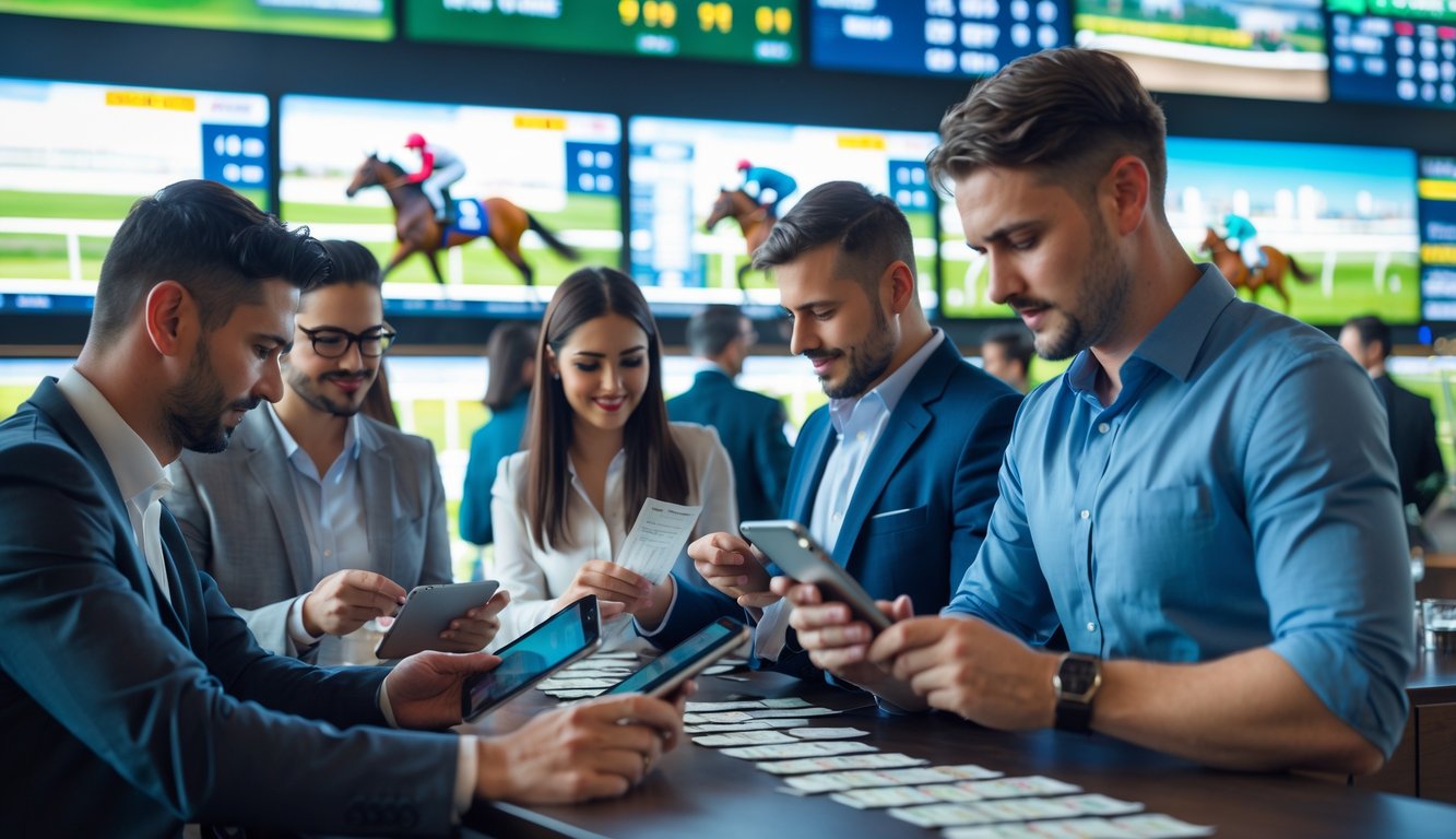 Sekelompok orang sedang memasang taruhan pada balap kuda di sebuah tempat taruhan modern dengan layar menampilkan perlombaan kuda secara langsung.