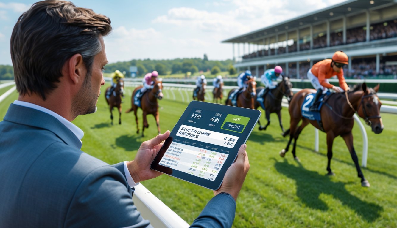 Seseorang sedang memilih kuda balap favorit dengan tablet di arena pacuan kuda yang ramai.