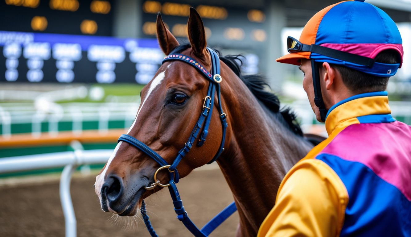 Seorang joki berdiri di samping kuda pacu yang terawat di dekat lintasan balap dengan papan skor digital di latar belakang.