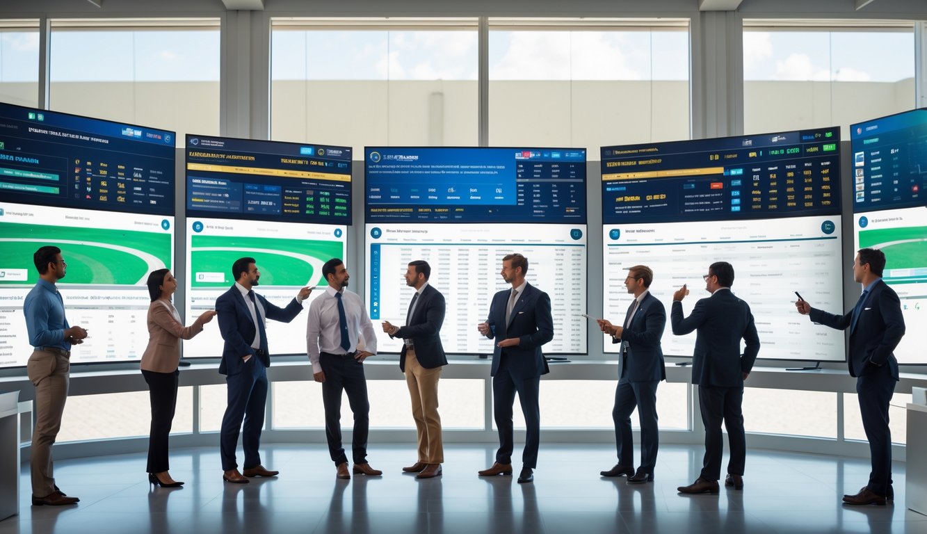 Sekelompok profesional sedang menganalisis data balap kuda internasional di ruang kantor modern dengan layar komputer dan pemandangan lintasan balap di luar jendela.