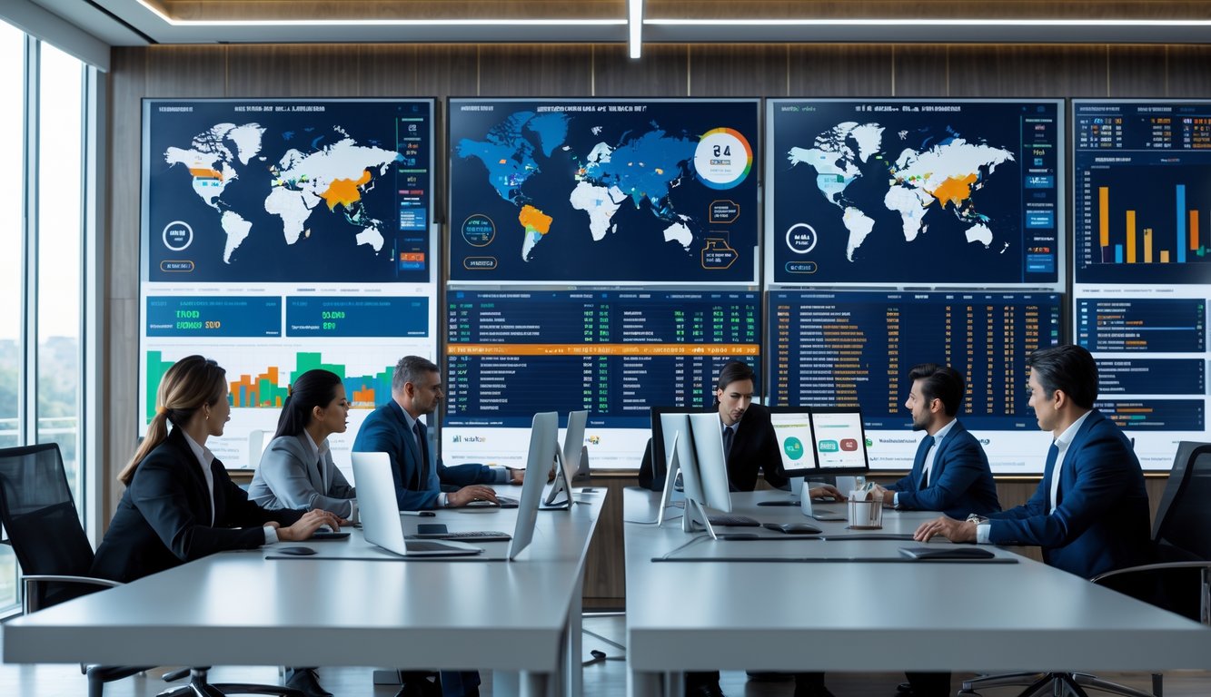 Sekelompok profesional sedang menganalisis data balap kuda internasional di kantor modern dengan layar komputer besar menampilkan statistik dan peta dunia.