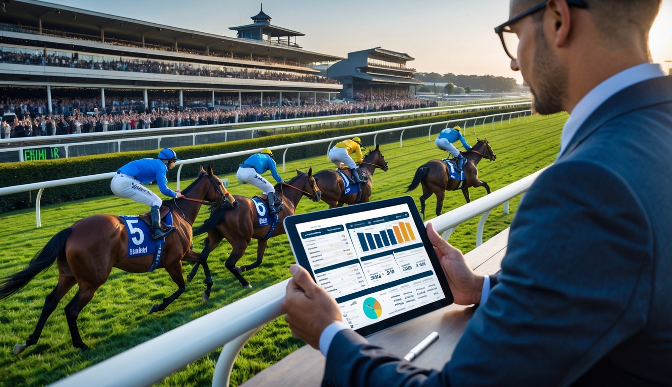 Seorang petaruh memegang tablet dengan layar statistik dan strategi taruhan di latar depan, sementara kuda pacu berlari kencang di lintasan dengan joki mengenakan seragam warna-warni dan penonton ramai di tribun belakang.