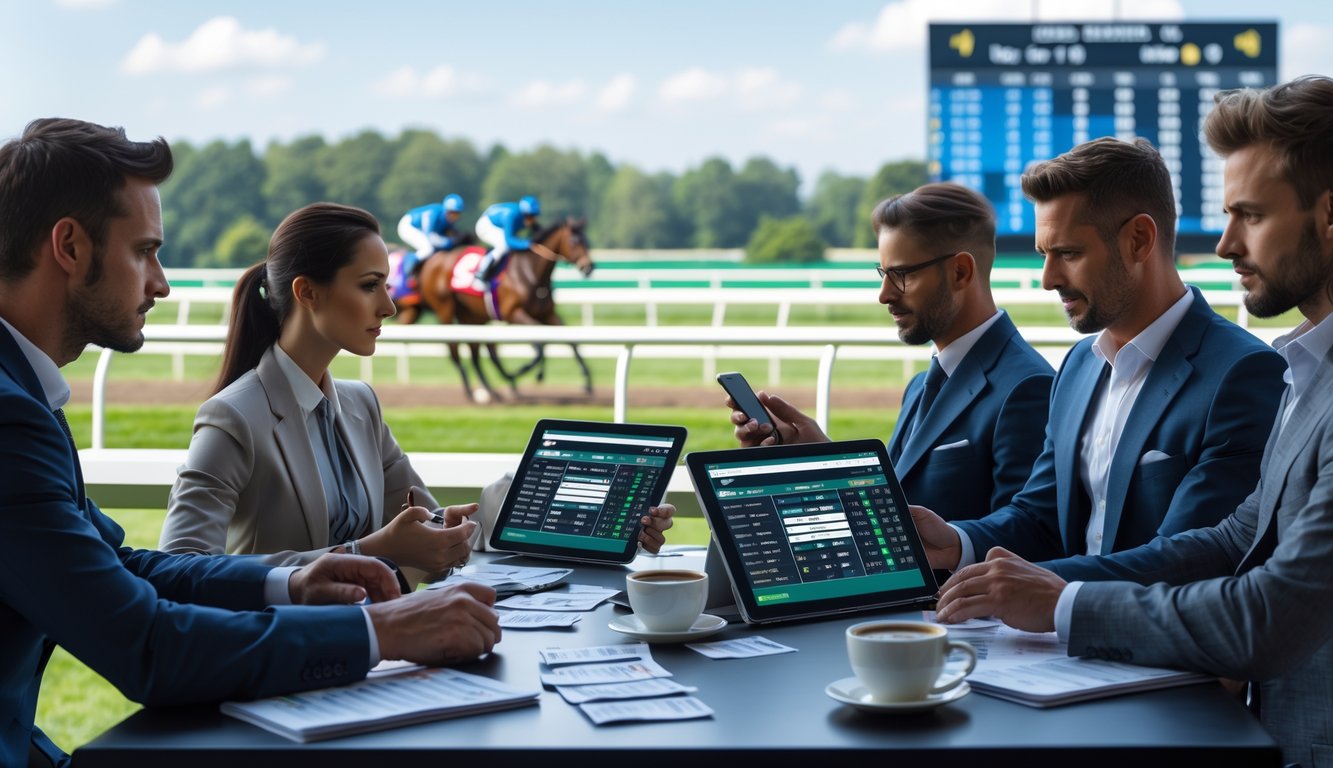 Orang-orang sedang fokus mempelajari strategi taruhan balap kuda dengan latar belakang kuda dan joki yang berlomba di lintasan.