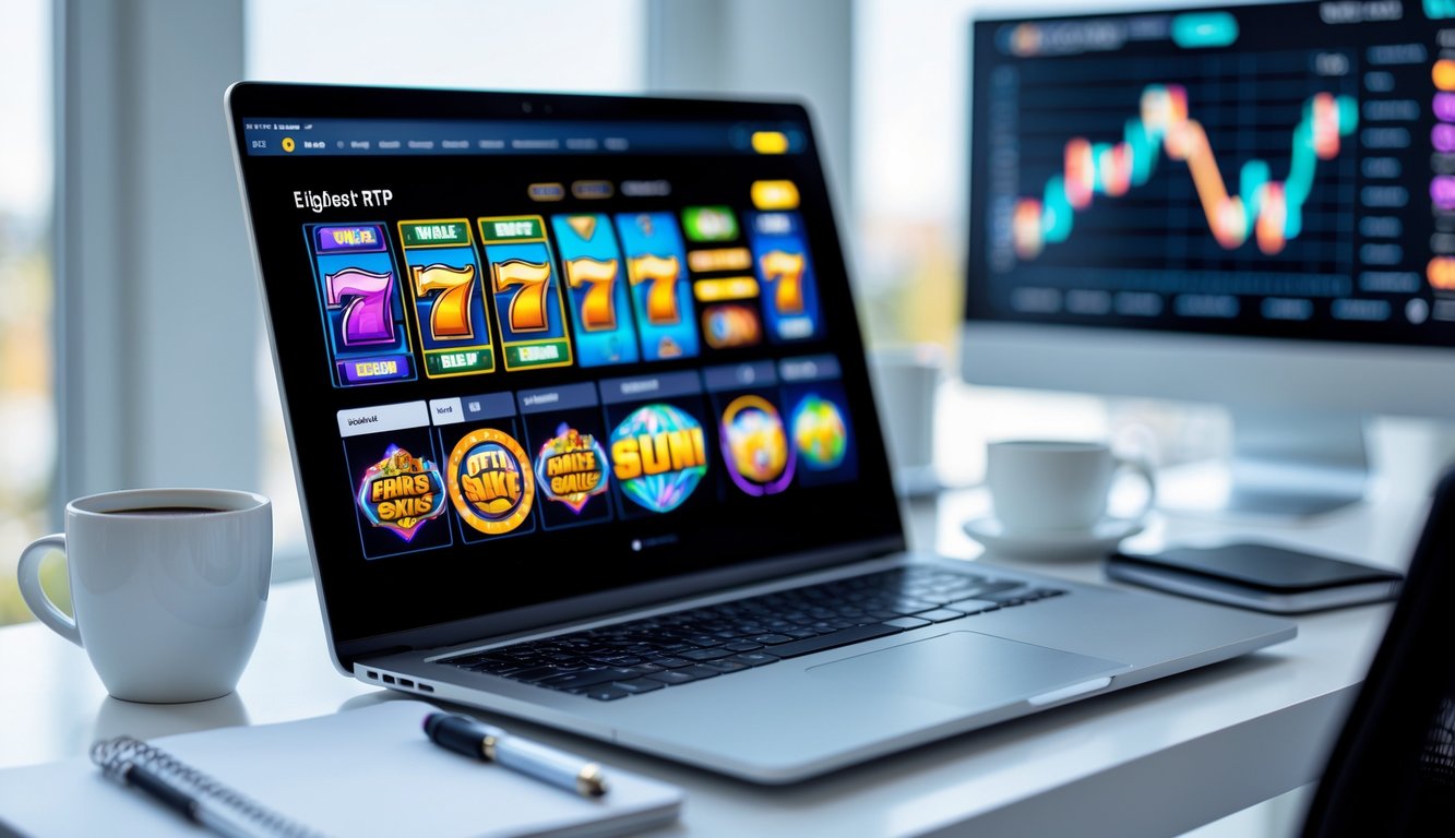 Meja kerja modern dengan laptop yang menampilkan grafik permainan slot online dan alat tulis di sekitarnya.