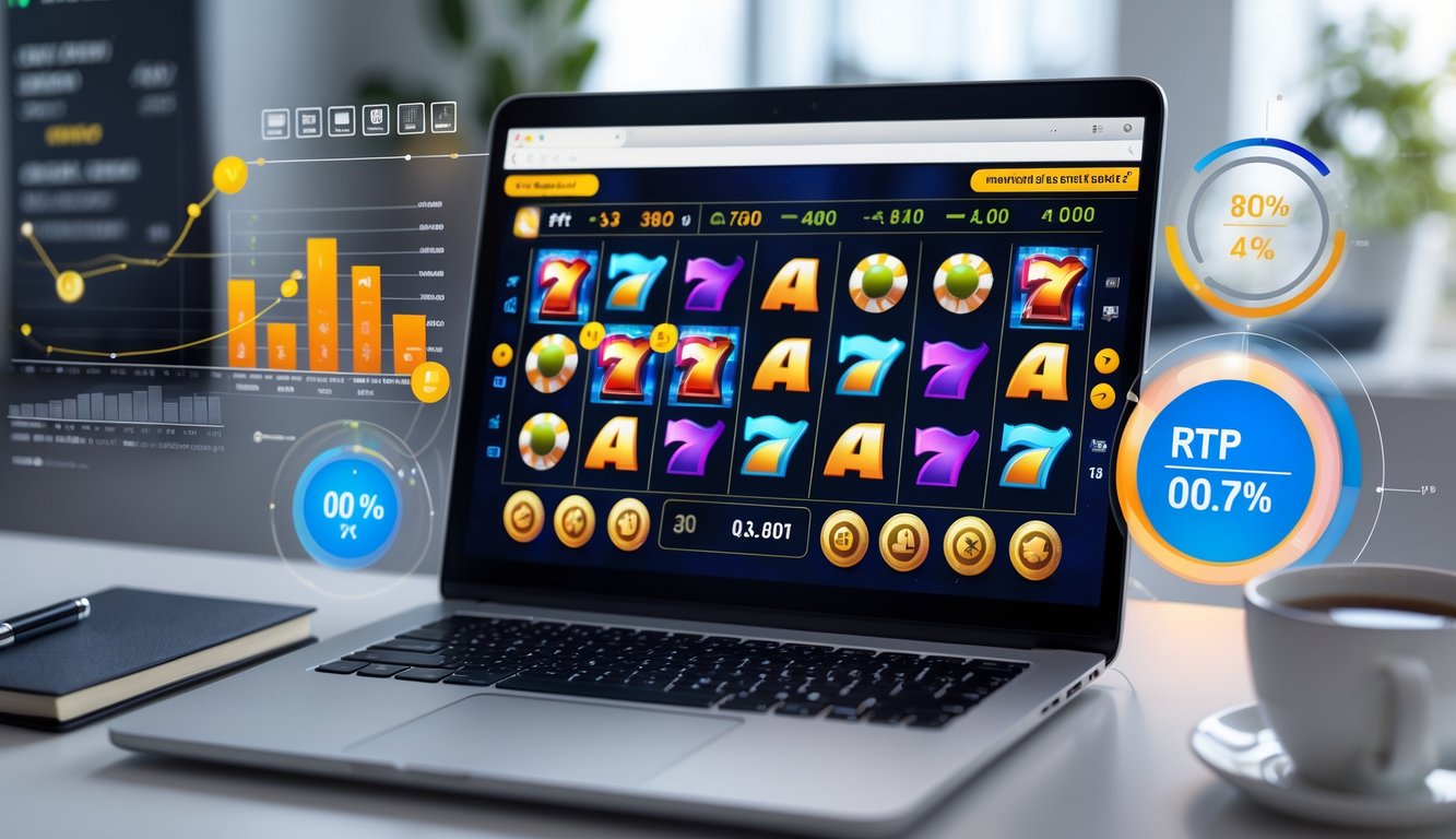 Seorang profesional menggunakan komputer dengan tampilan permainan slot online dan grafik statistik di meja kerja yang rapi.
