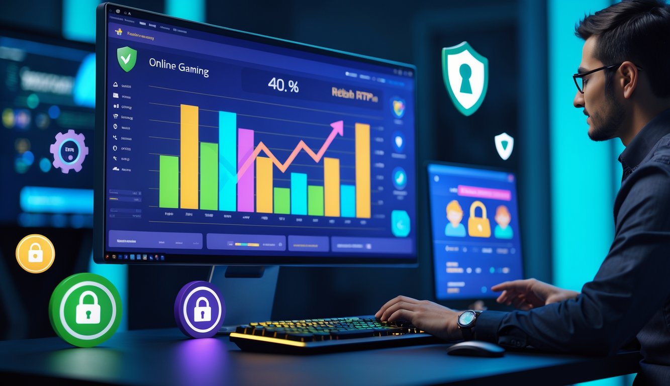 Seorang profesional sedang bekerja di depan komputer yang menampilkan grafik dan data terkait permainan online dengan tingkat kemenangan tinggi dan keamanan terpercaya.