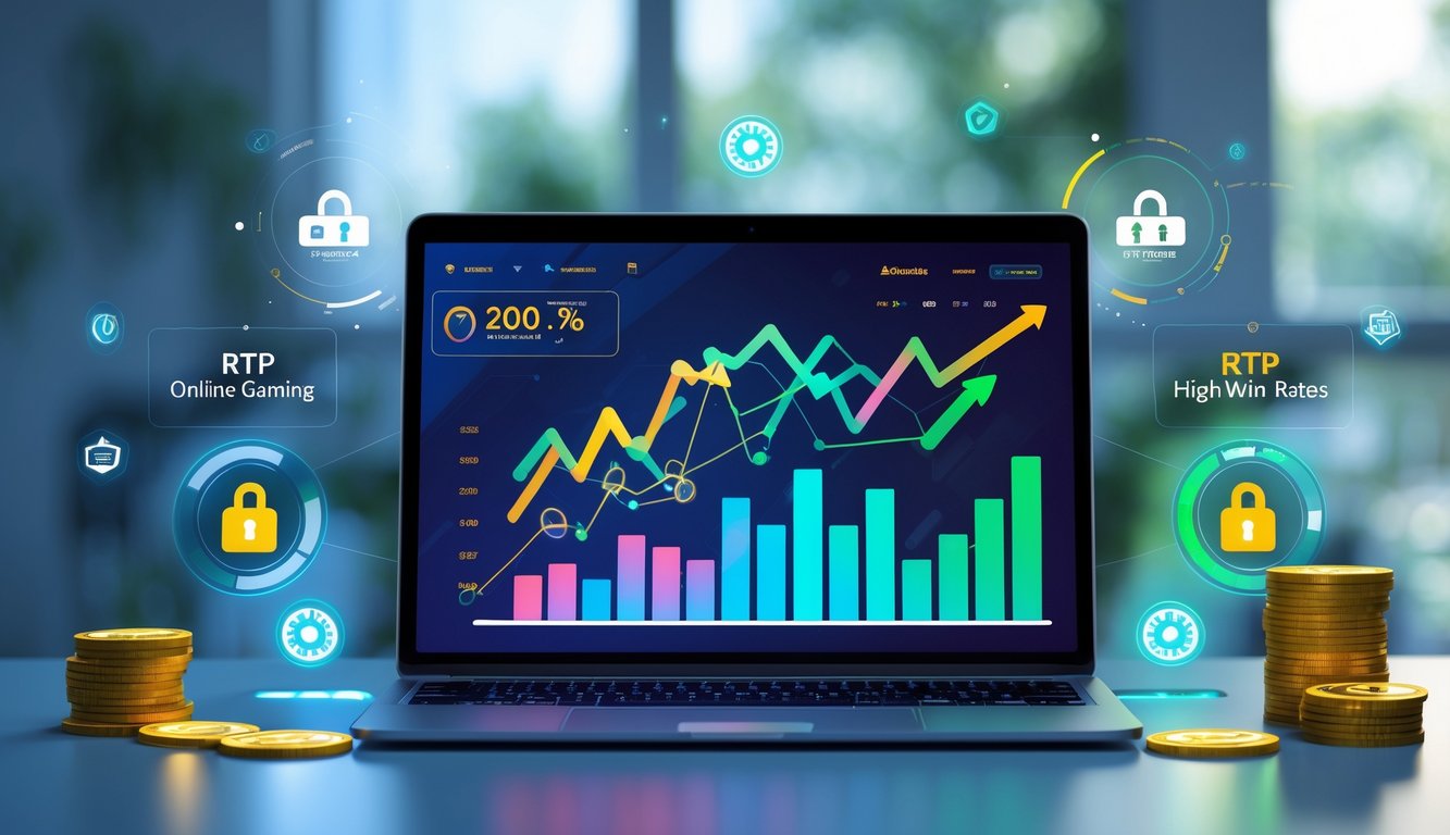 Sebuah komputer modern menampilkan grafik dan diagram yang menunjukkan data RTP dan tingkat kemenangan tinggi dalam permainan online.