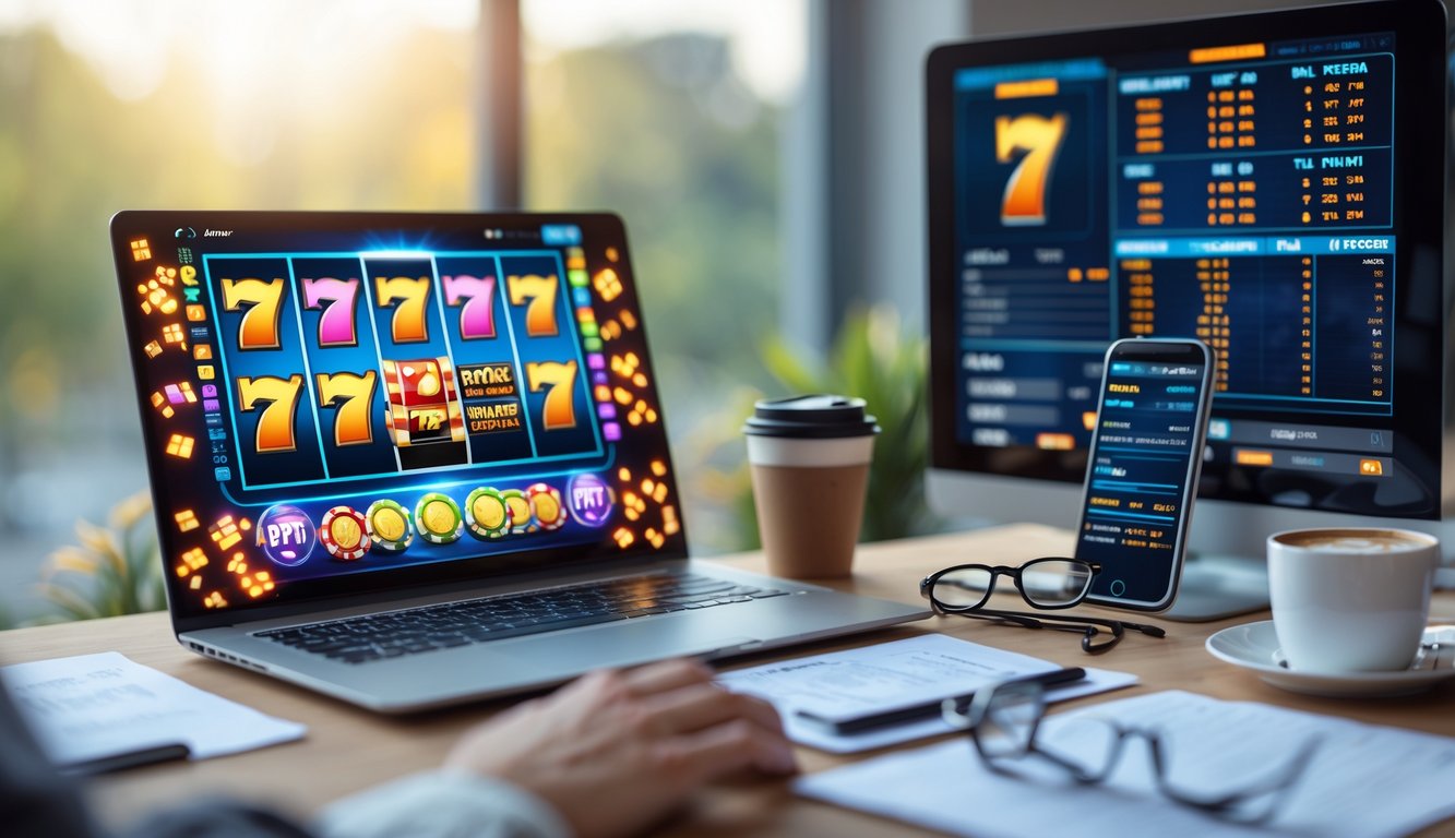 Meja kerja dengan laptop yang menampilkan grafik mesin slot, catatan, dan ponsel dengan statistik RTP, disertai secangkir kopi dan kacamata.