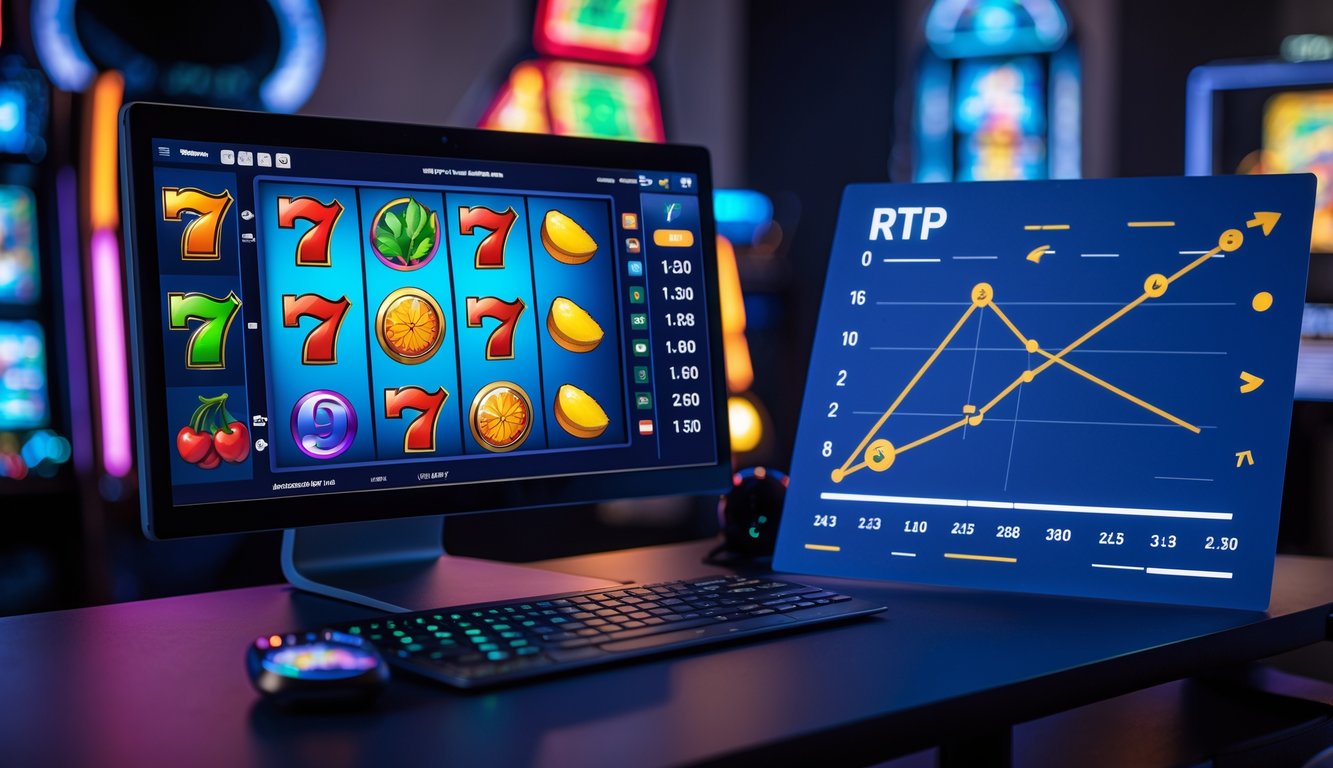 Seorang pemain duduk di depan komputer dengan tampilan mesin slot online dan grafik yang menggambarkan persentase RTP.