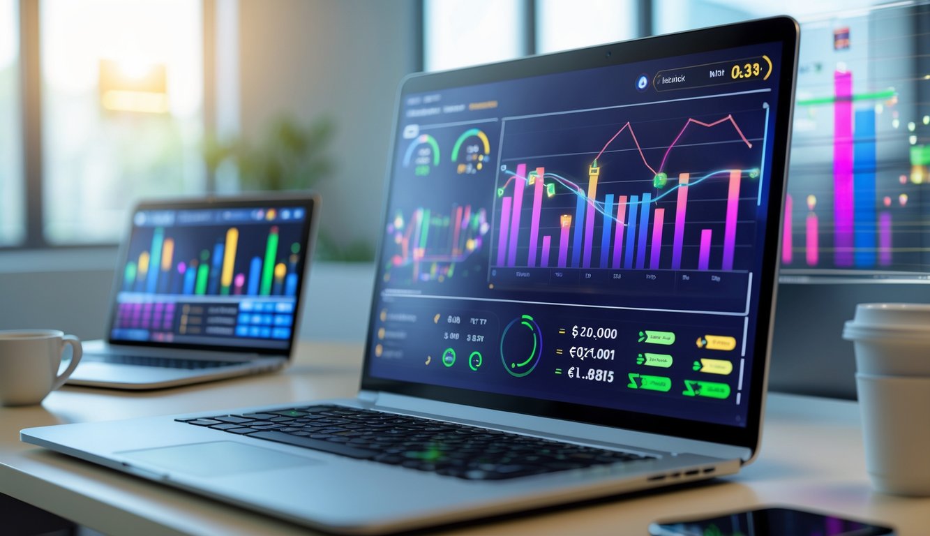 Antarmuka digital modern dengan grafik dan pola waktu terbaik dalam permainan online di meja kerja kantor.