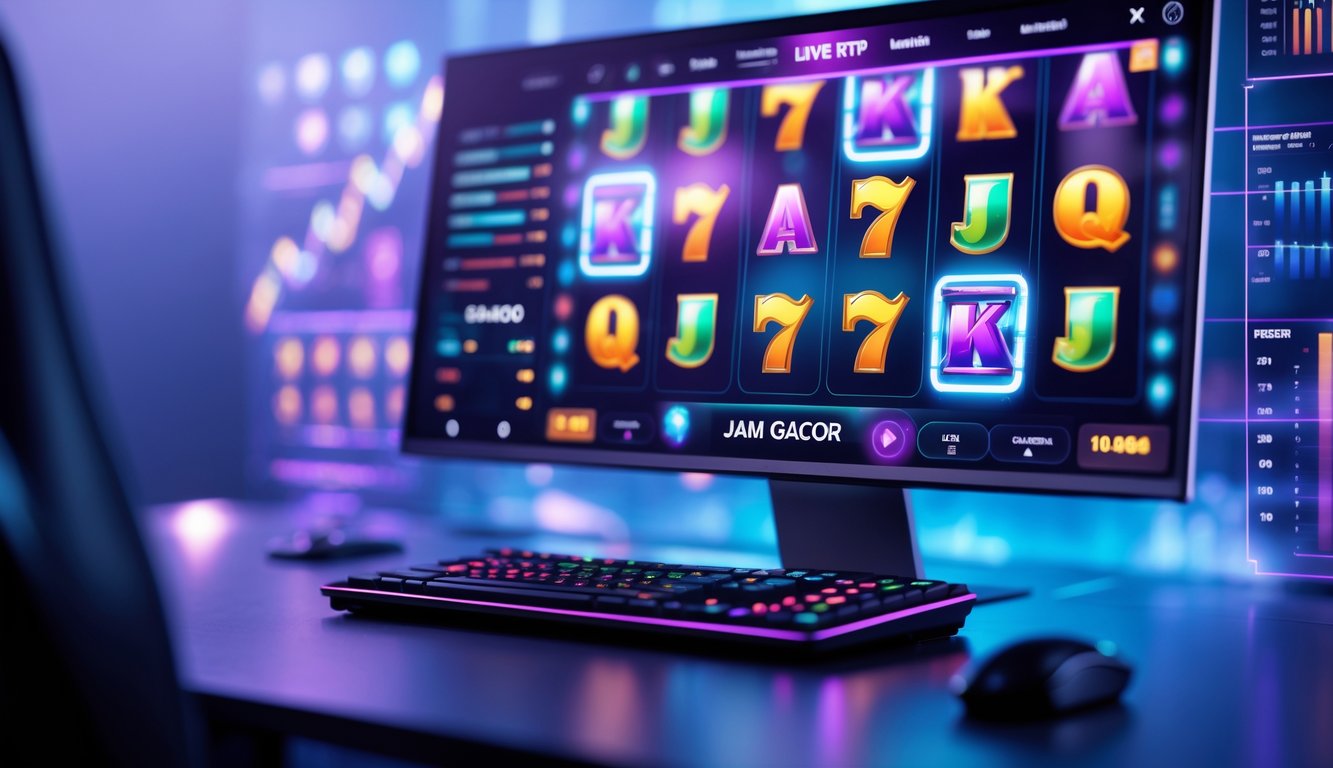 Sebuah layar komputer menampilkan permainan slot online dengan simbol warna-warni dan grafik data di sekitarnya, menggambarkan suasana permainan kasino digital secara real-time.