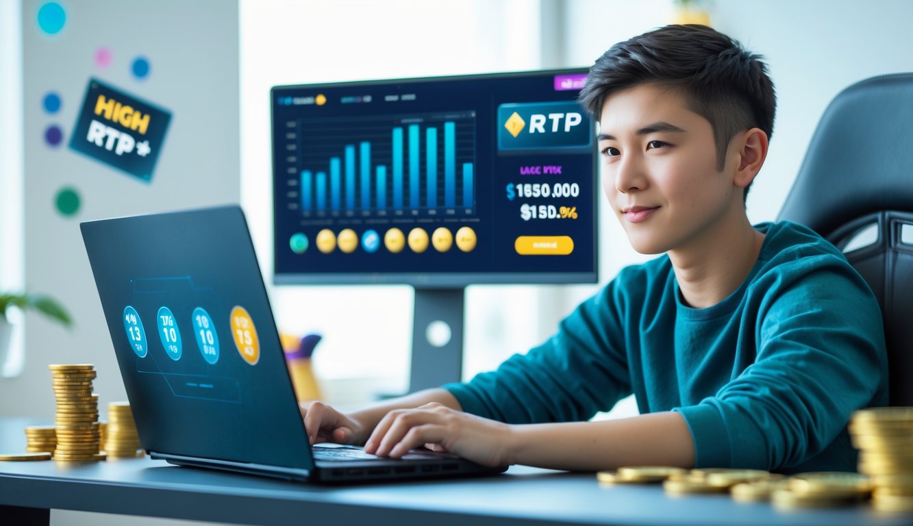 Seorang pemula bermain game slot online di laptop dengan layar tambahan menampilkan grafik RTP tinggi, di meja yang rapi dan terang.