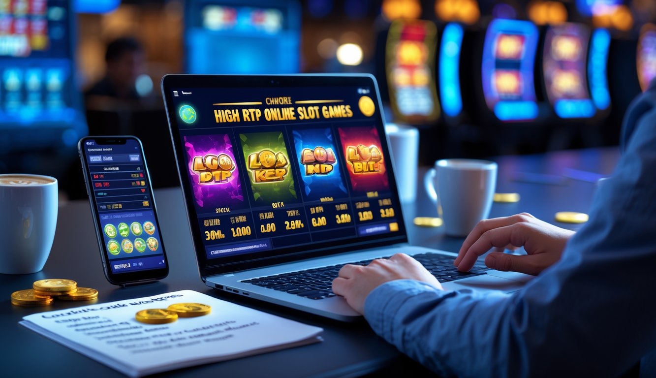 Seseorang duduk di depan laptop yang menampilkan permainan slot online dan grafik RTP, dengan smartphone dan catatan di meja kerja.