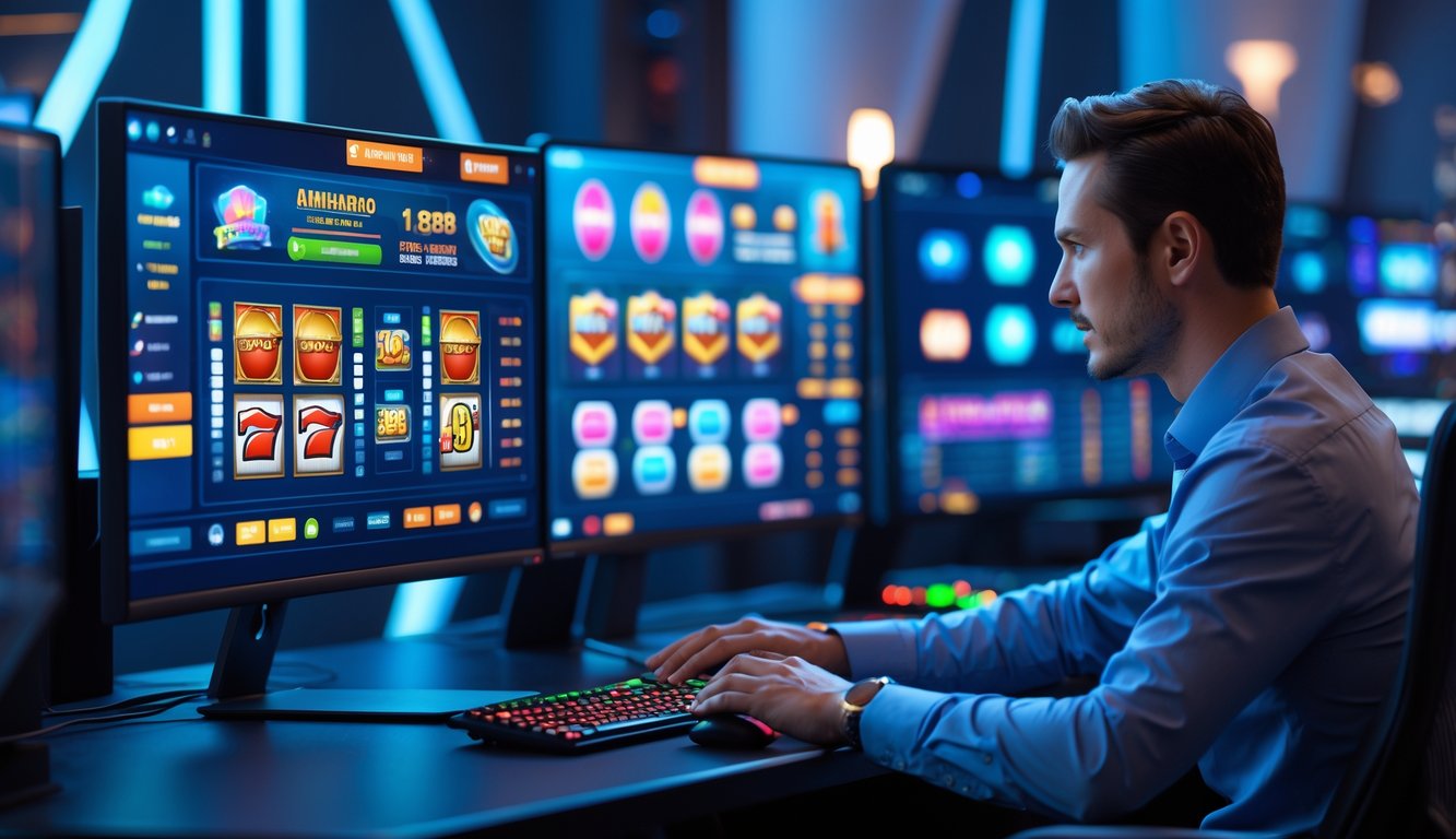 Seorang profesional sedang menganalisis data permainan slot online di depan komputer dengan beberapa monitor di ruangan modern.