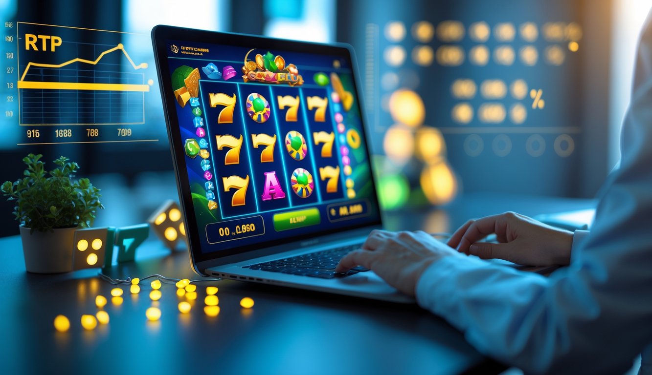 Seorang pengguna sedang bermain permainan slot online di komputer dengan tampilan grafik dan statistik di latar belakang.