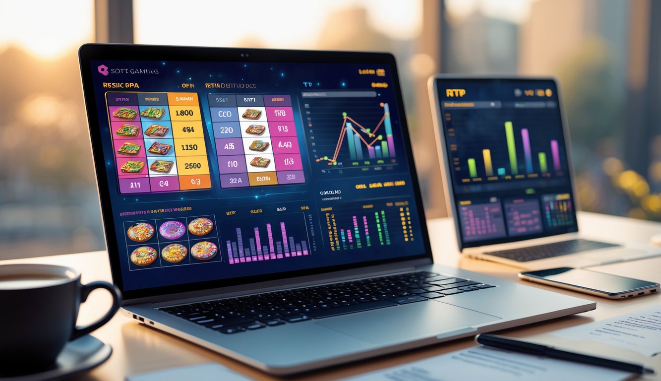 Seorang pria bekerja di depan laptop dengan grafik permainan slot dan data statistik di layar, di meja terdapat catatan dan ponsel dengan aplikasi permainan slot.