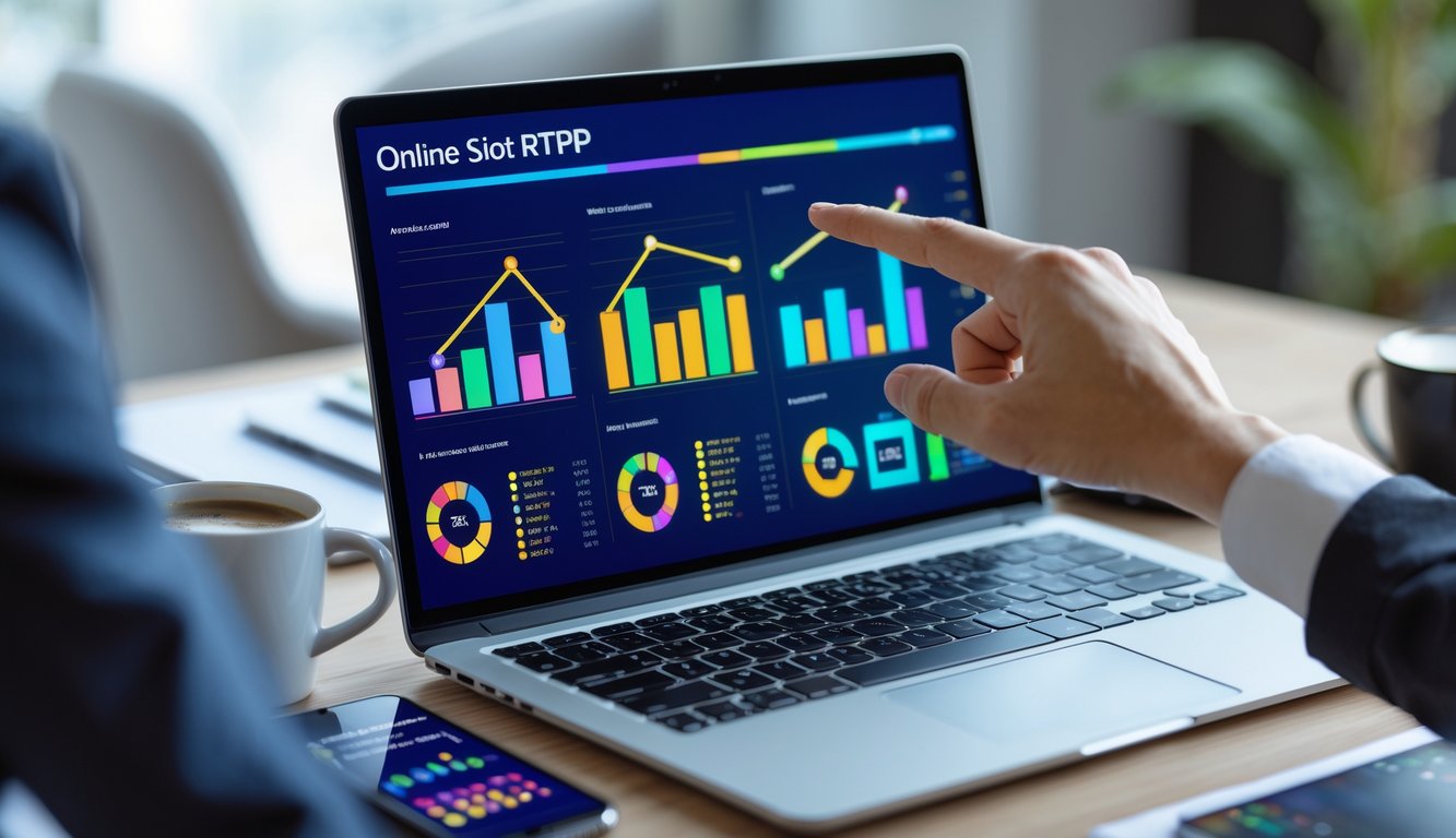 Seseorang sedang menganalisis data RTP slot online di laptop dengan grafik dan catatan di meja kerja.