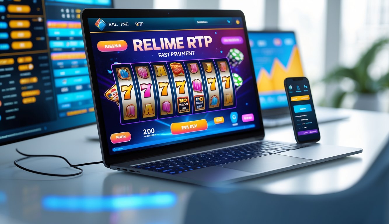 Seorang pengguna sedang bermain mesin slot online di laptop dengan ponsel di samping yang menunjukkan konfirmasi pembayaran cepat.