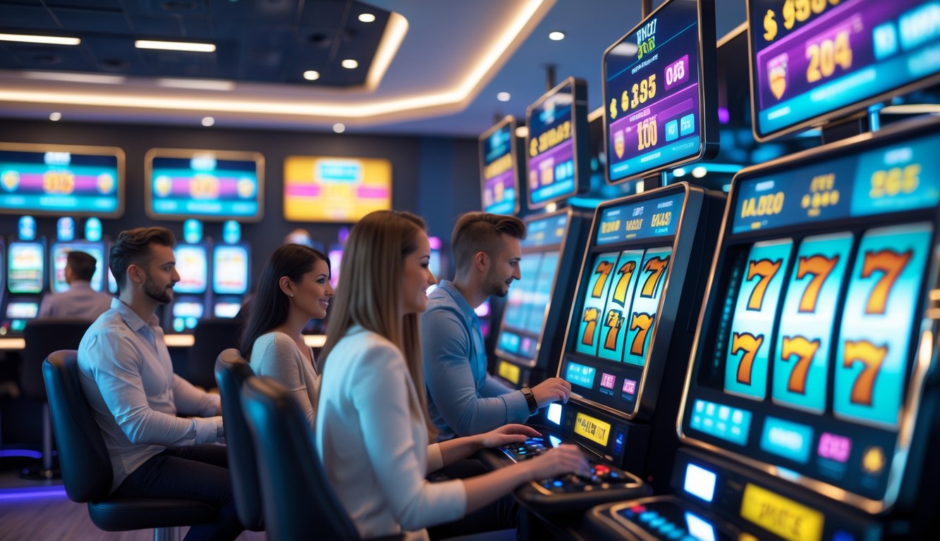 Orang-orang menggunakan mesin slot digital dengan layar menampilkan statistik RTP dan notifikasi pembayaran cepat di ruang permainan modern.