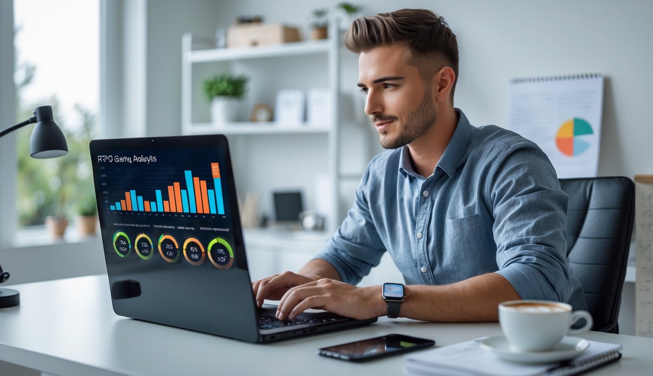 Seorang pria muda duduk di meja kerja dengan laptop dan grafik di layar, fokus pada analisis peluang jackpot online.