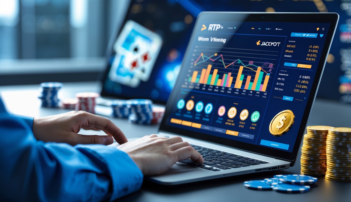 Seseorang menggunakan laptop dengan layar menampilkan grafik dan statistik RTP untuk permainan slot online di meja kerja modern.