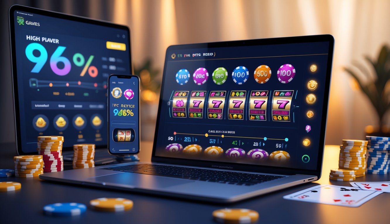 Sebuah meja dengan laptop yang menampilkan permainan slot online dan beberapa chip kasino serta kartu remi di sekitarnya.