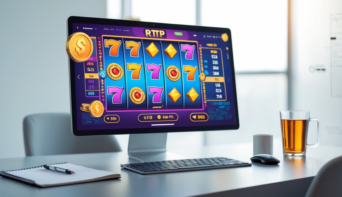 Seorang pengguna duduk di depan laptop yang menampilkan permainan slot online dengan simbol warna-warni, di meja terdapat gelas minuman dan buku catatan.