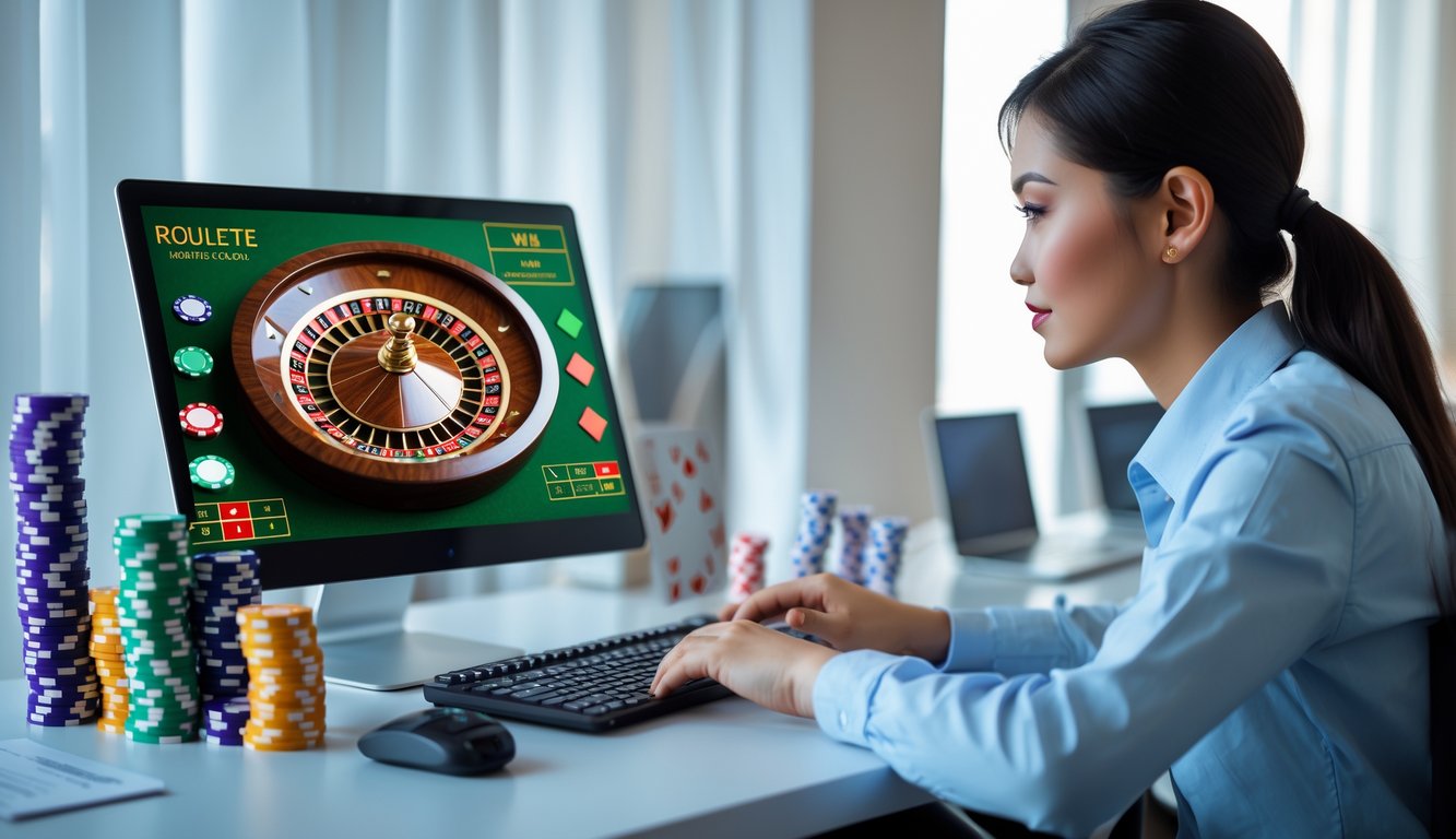 Seorang pemuda Indonesia sedang menggunakan komputer dengan tampilan roda roulette online dan tumpukan chip di meja, dalam suasana kasino yang modern dan ramah.