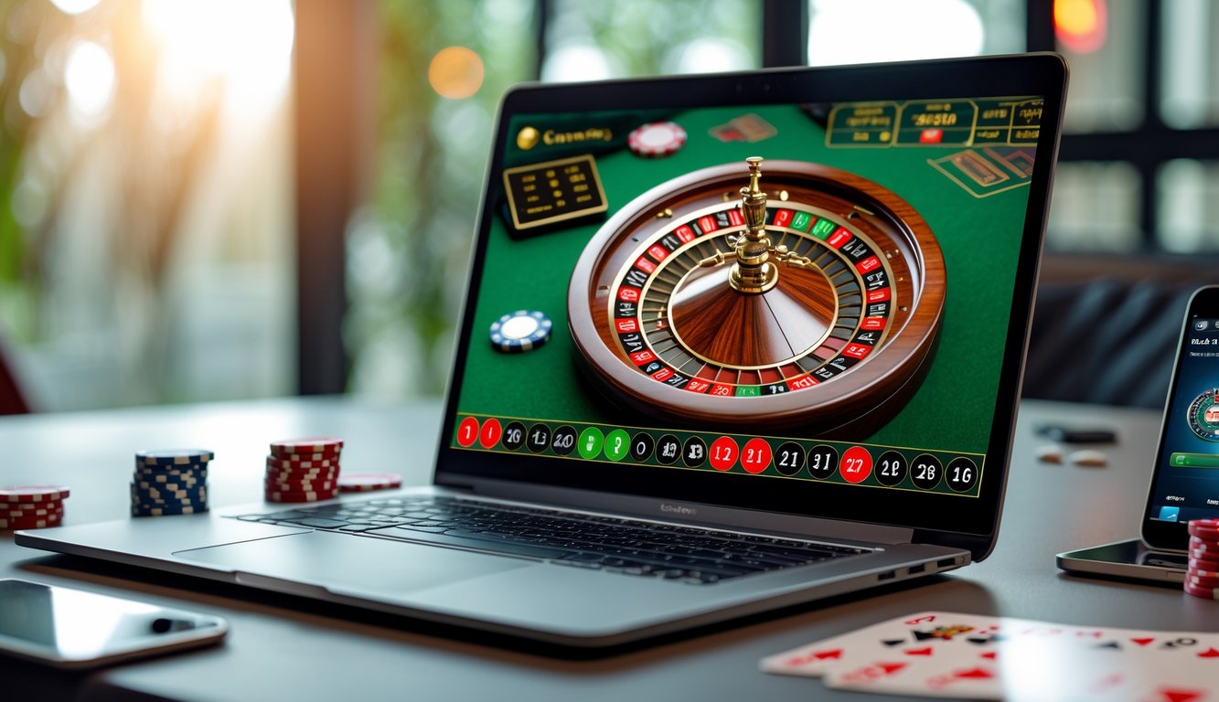 Seorang laptop menampilkan permainan roulette online dengan roda roulette berwarna-warni di layar, dikelilingi oleh chip poker dan kartu remi di atas meja.
