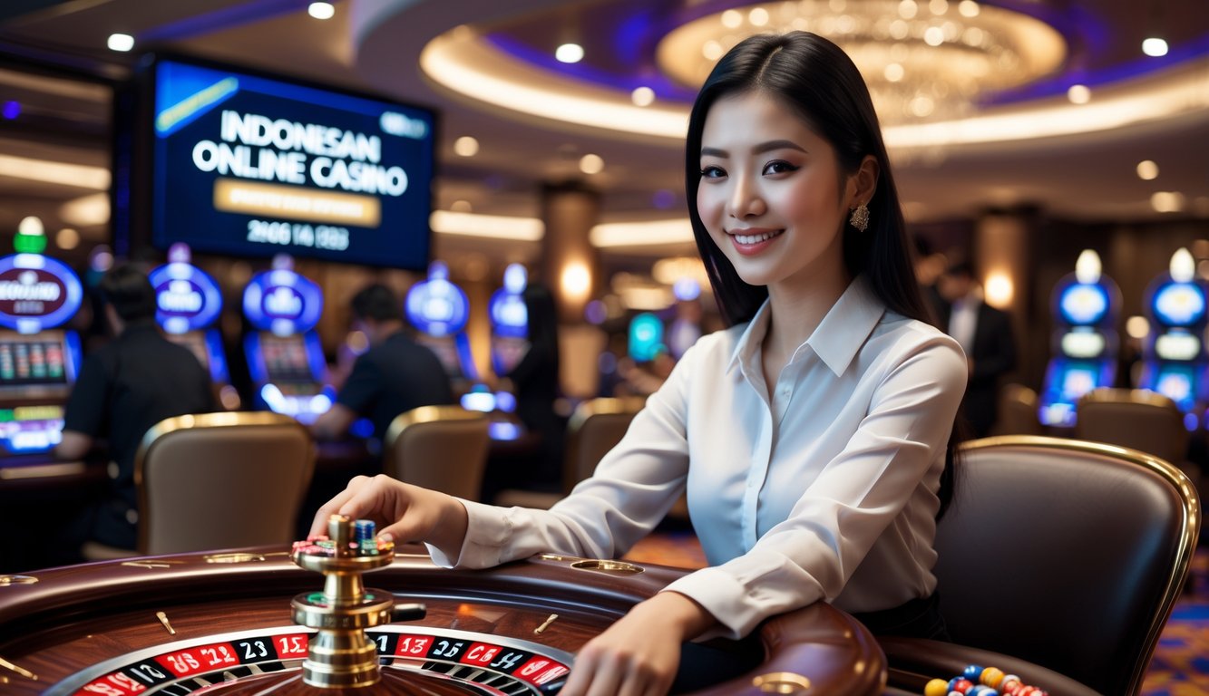 Seorang wanita muda duduk di meja roulette di kasino dengan suasana mewah dan percaya diri memasang taruhan.