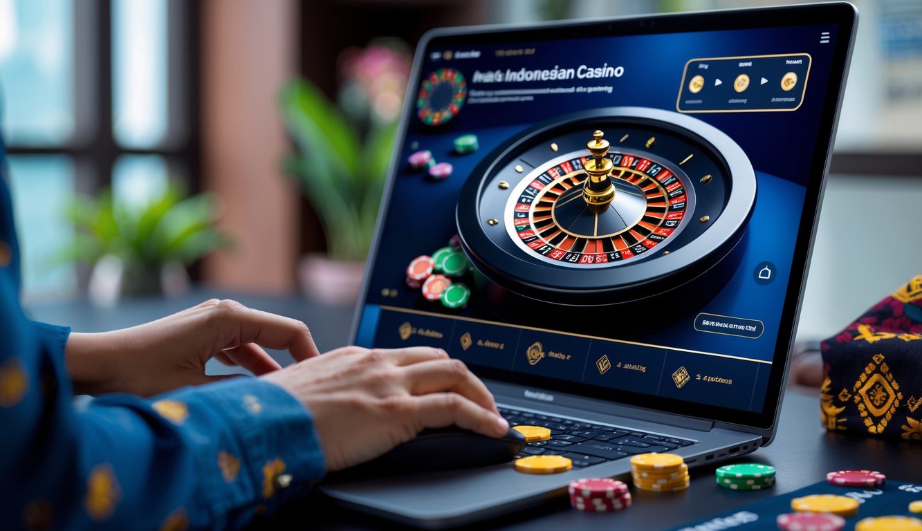 Seseorang menggunakan komputer dengan tampilan roda roulette online dan chip taruhan di meja yang rapi dengan dekorasi khas Indonesia di latar belakang.