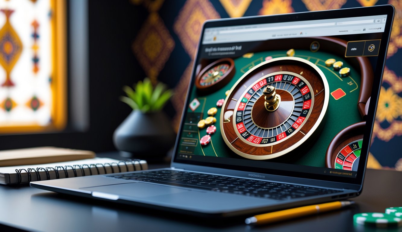 Sebuah meja kerja dengan komputer yang menampilkan permainan roulette online dan beberapa chip taruhan, dengan latar belakang dekorasi yang menampilkan motif batik Indonesia.