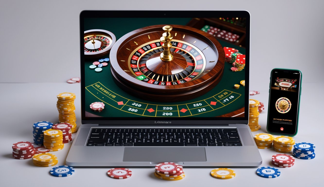 Sebuah komputer menampilkan permainan roulette online dengan roda roulette dan meja taruhan, dikelilingi oleh chip digital dan ponsel dengan aplikasi kasino, menunjukkan suasana permainan kasino online di Indonesia.