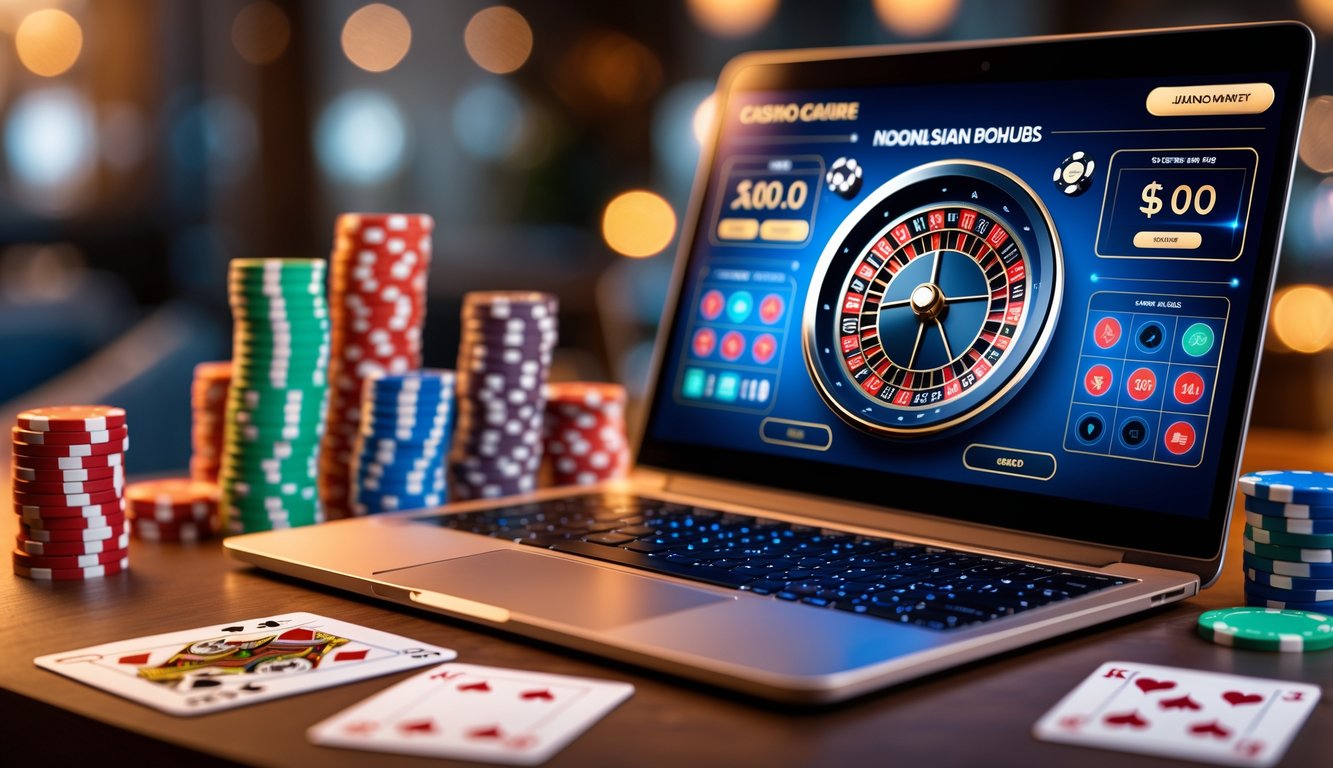 Sebuah laptop menampilkan roda roulette digital dengan tumpukan chip poker dan kartu bermain di sekitarnya, menggambarkan permainan roulette kasino online di Indonesia.