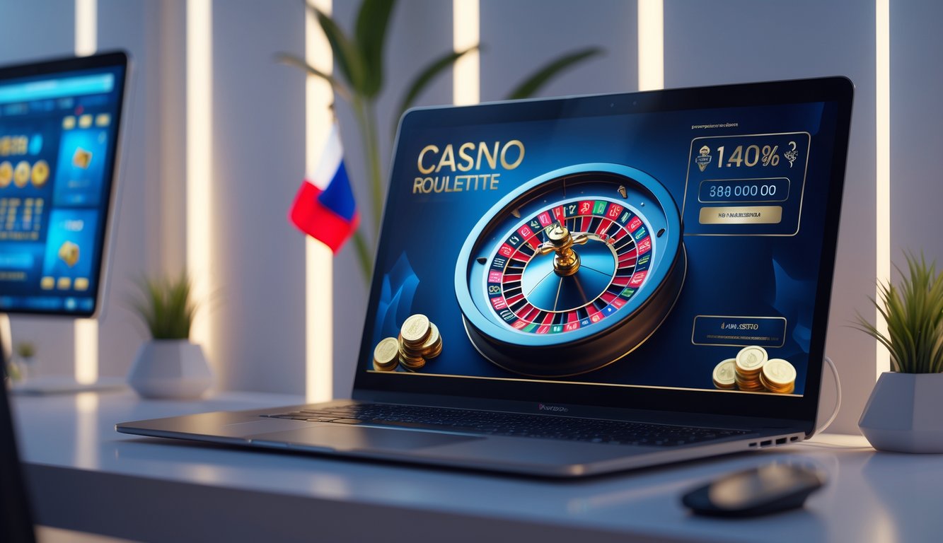 Sebuah meja kerja dengan komputer menampilkan roda roulette online dan elemen yang menunjukkan konteks Indonesia.