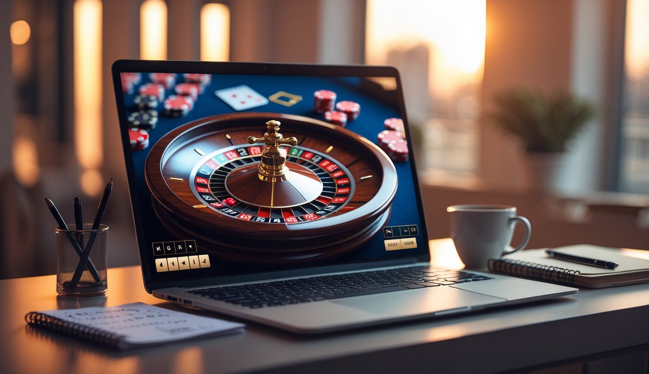 Seorang pemain menggunakan laptop dengan tampilan roda roulette online di layar, dikelilingi oleh catatan dan alat tulis di meja.